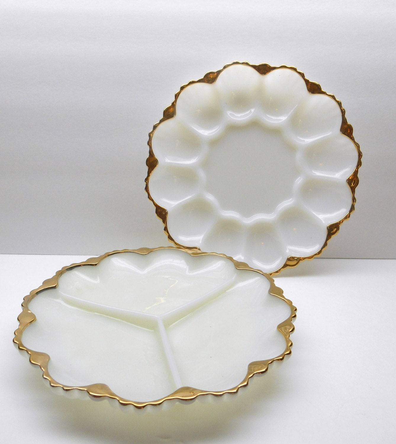 Vintage Milk Glass Egg Plate and Divided Dish