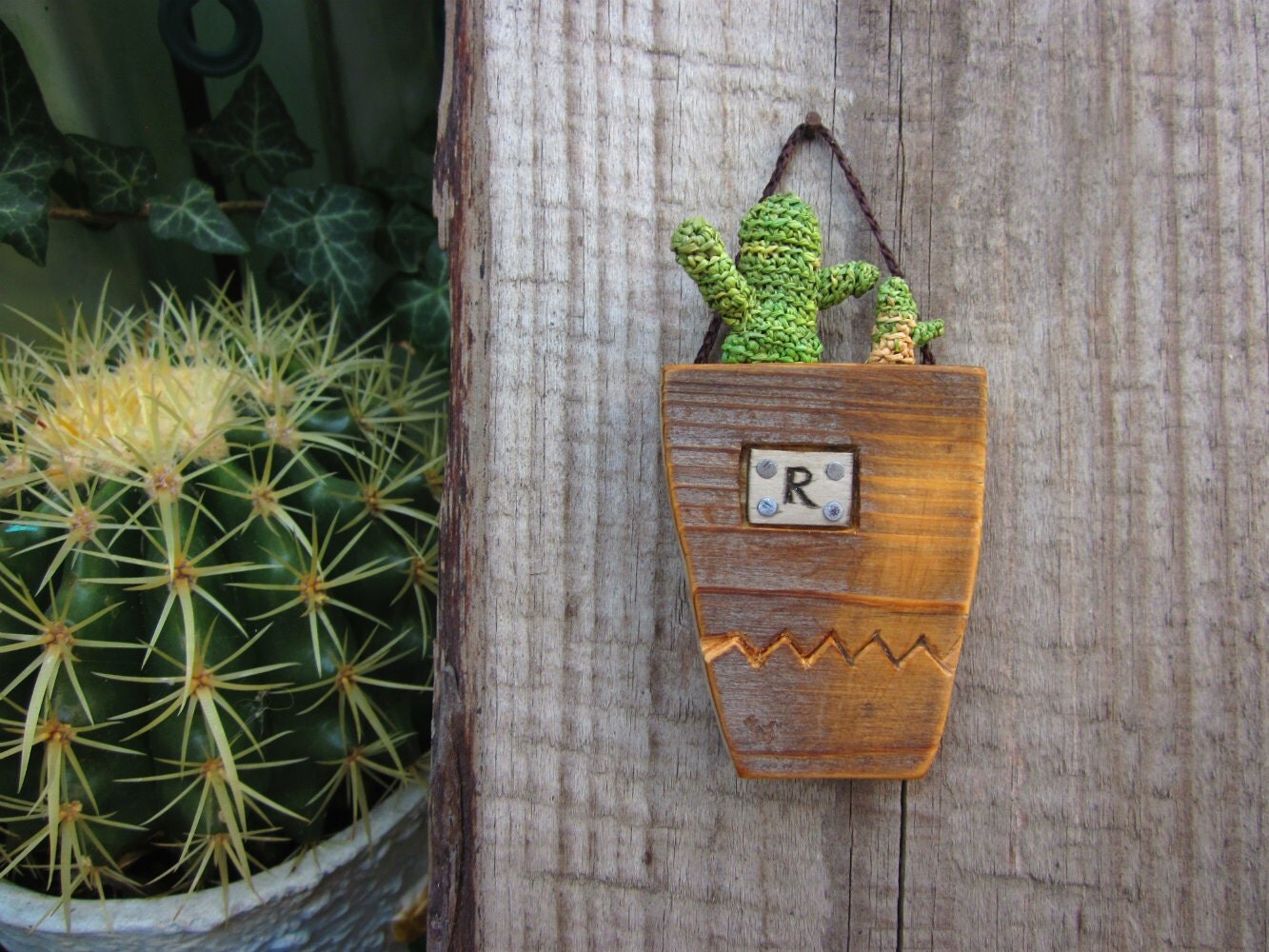 Reclaimed wood pot with cactus Wall decor personalized