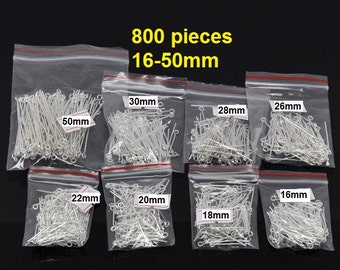 800 pcs. Silver Plated Eye Head Pins - 16mm to 50mm - Assortment Mix - 21 Gauge