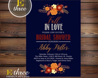 Fall Bridal Shower Invitation - Navy Fall Shower - Orange, Red, Burgundy, Yellow - Floral Autumn Invite #1031