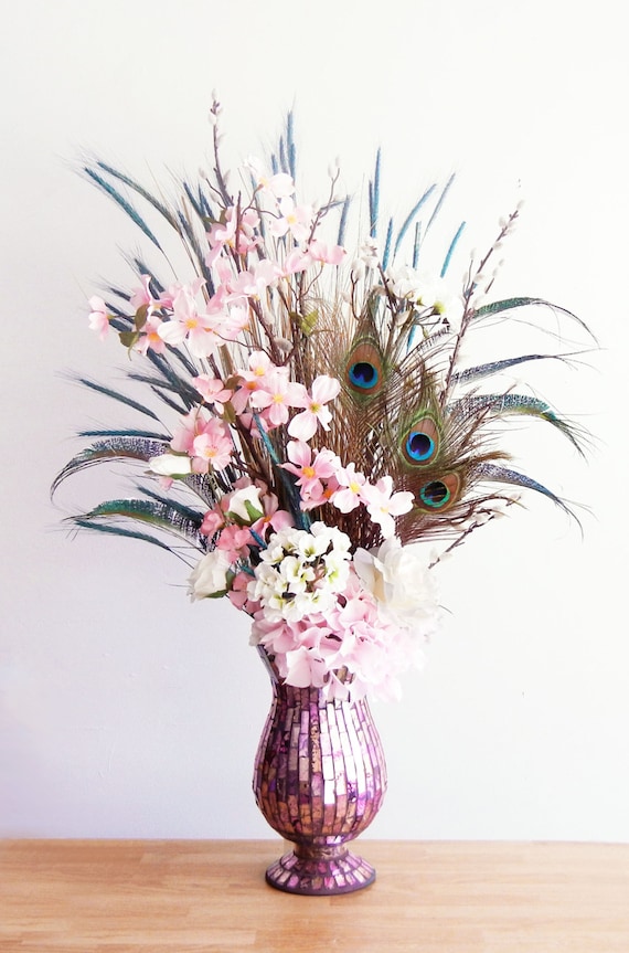 Items similar to Large Peacock Feather Floral Arrangement with Pink
