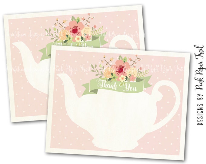 Tea Party Thank You Card in Pink, Instant Download, Print Your Own