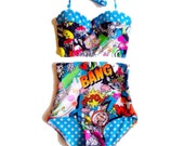 High Waist Bikini Pin Up Swimwear Bustier Bikini Pop Art Comic Strip 