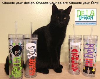 Halloween design, polka dots, Personalized w/name acrylic tumbler, Available in skinny, standard, sport bottle, mason, kiddie cup & XL cup