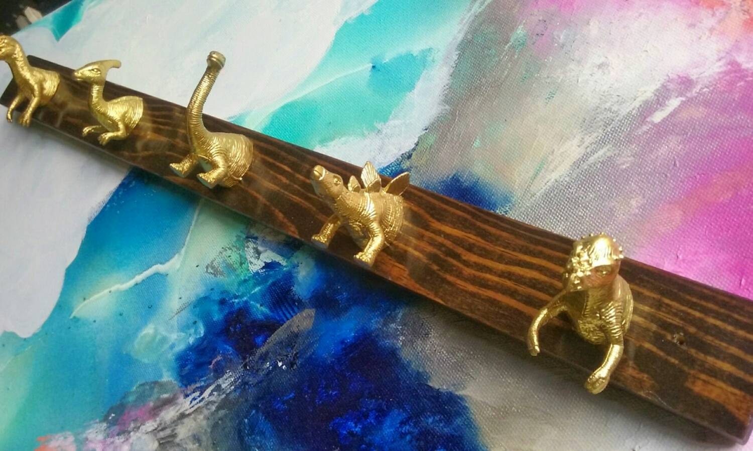 Dinosaur Coat Rack with Gold Dinosaurs // Wall Hooks by MidCityMod