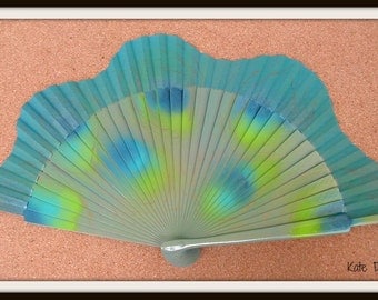 Abstract Peacock Folding Handheld Hand Fan Wooden Flamenco Spanish from Spain Hand Painted by Kate Dengra
