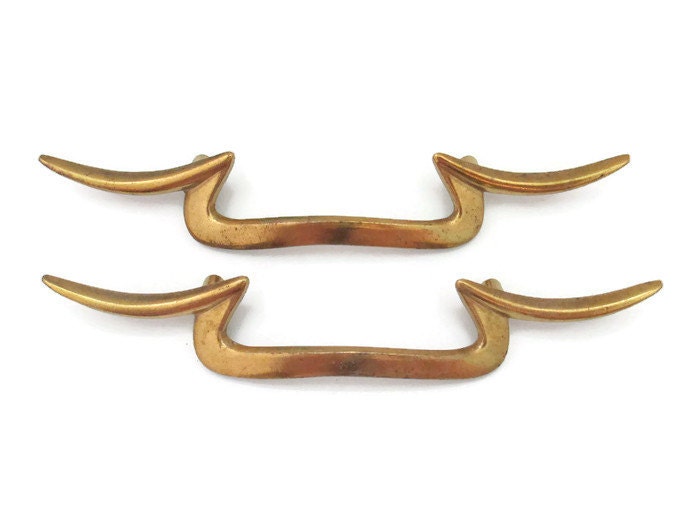 2 vintage brass colored drawer pulls 3.25″ centers Mid century modern