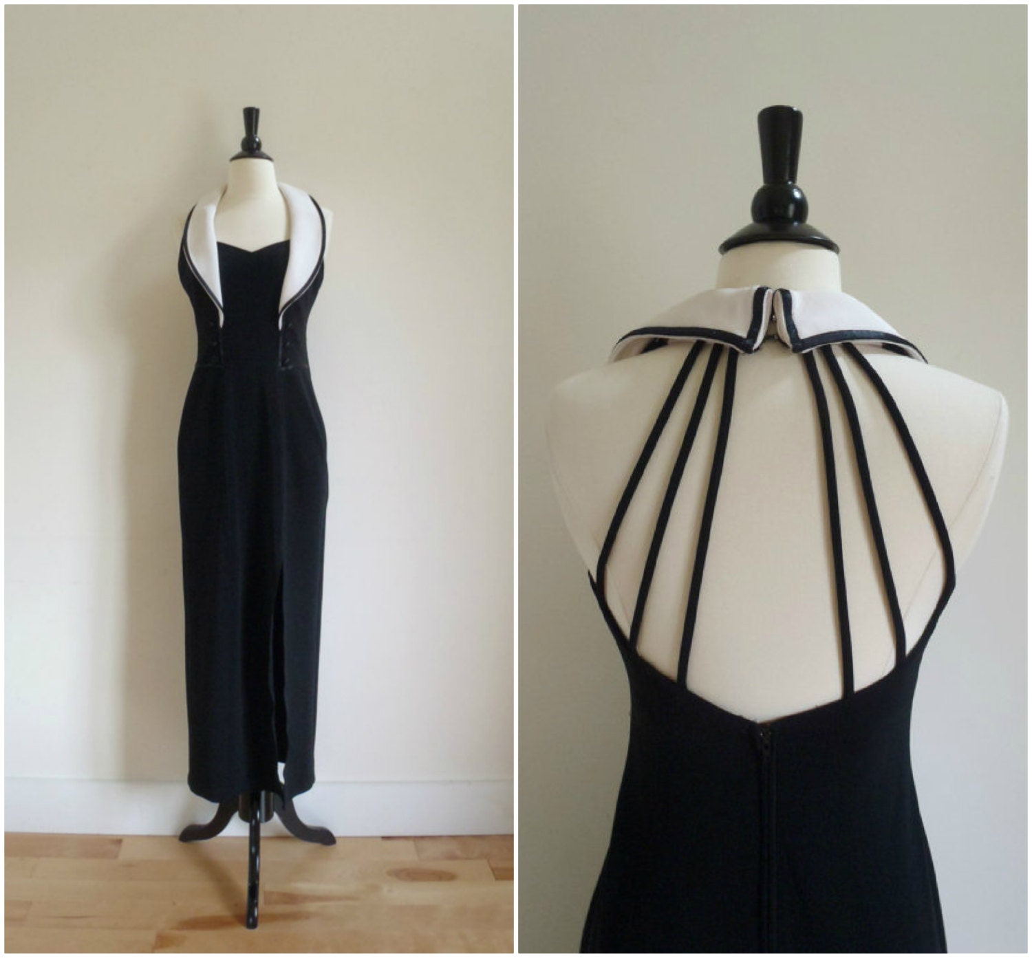 Vintage shawl collar dramatic evening gown / black and white