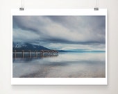 lake tahoe photograph, landscape photography, lake tahoe, mountains, reflection, water, california, blue, pastel, storm, clouds, pier