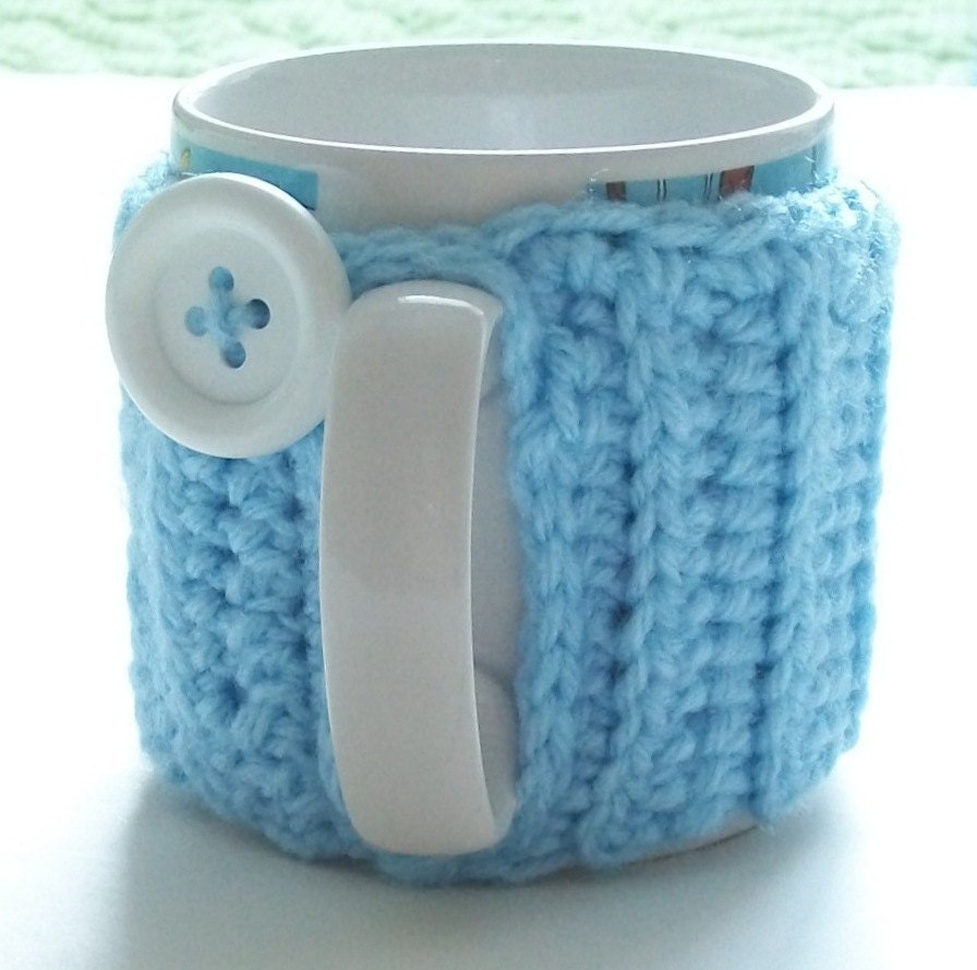 Crochet mug cozy mug warmer mug hug light blue ribbing