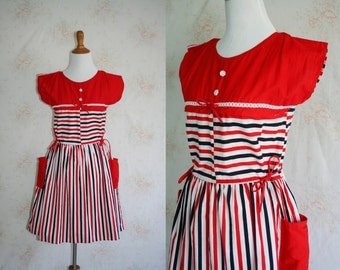 Vintage 60s Sundress, 1960s Striped Dress, Bow, Sleeveless, Pockets