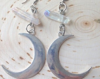crescent moon earrings with quartz crystals
