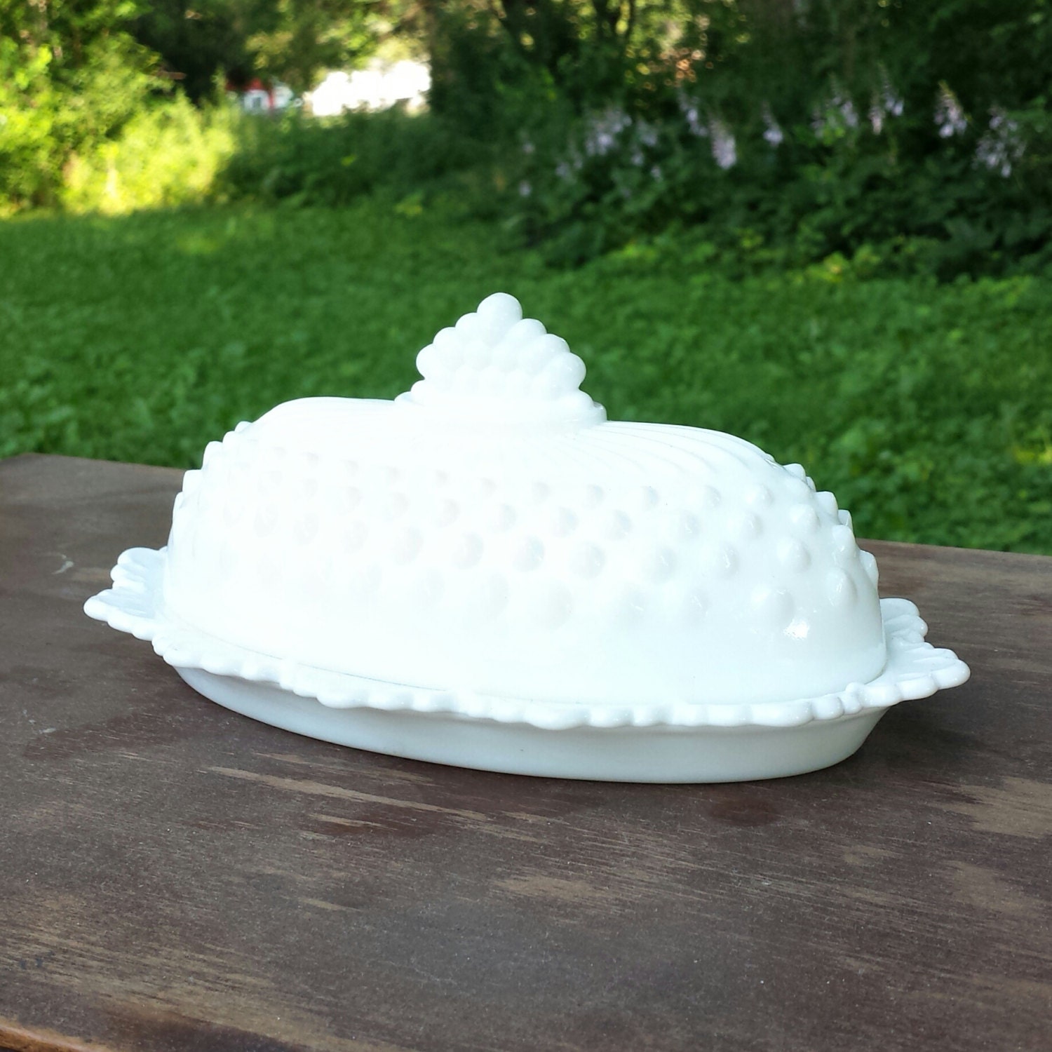 Vintage Fenton Hobnail Milk Glass Butter Dish Haute Juice 8769