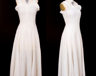 1940s Dress // White Cotton Eyelet Full Length Dress