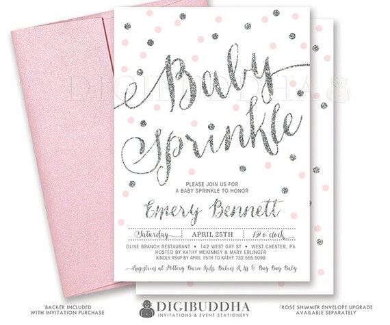 PINK &amp; SILVER CONFETTI Baby Sprinkle Invitation Its A Girl