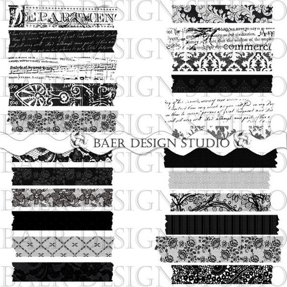 Black and White Digital Washi Tape Clip Art Commercial Use