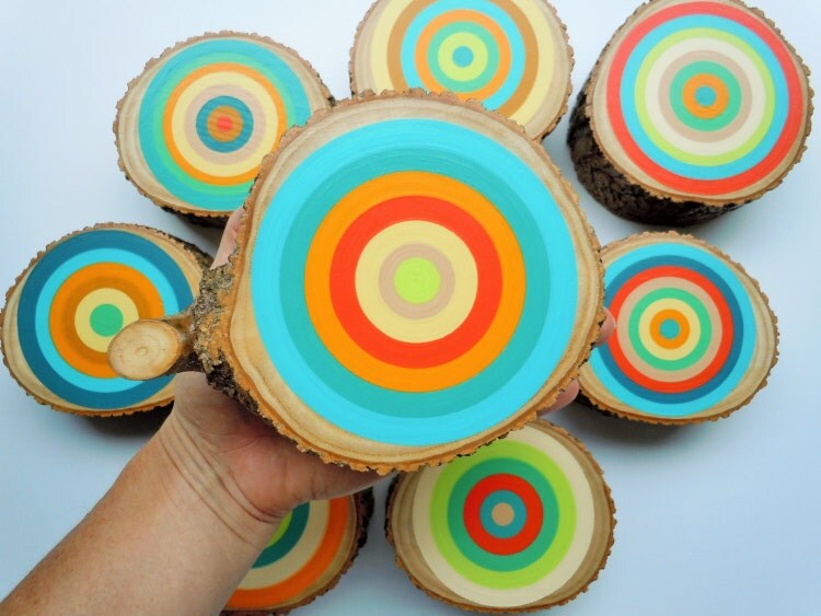 Painted Tree Rings Wall Art Wood Slice Art by NestsAndBurrows
