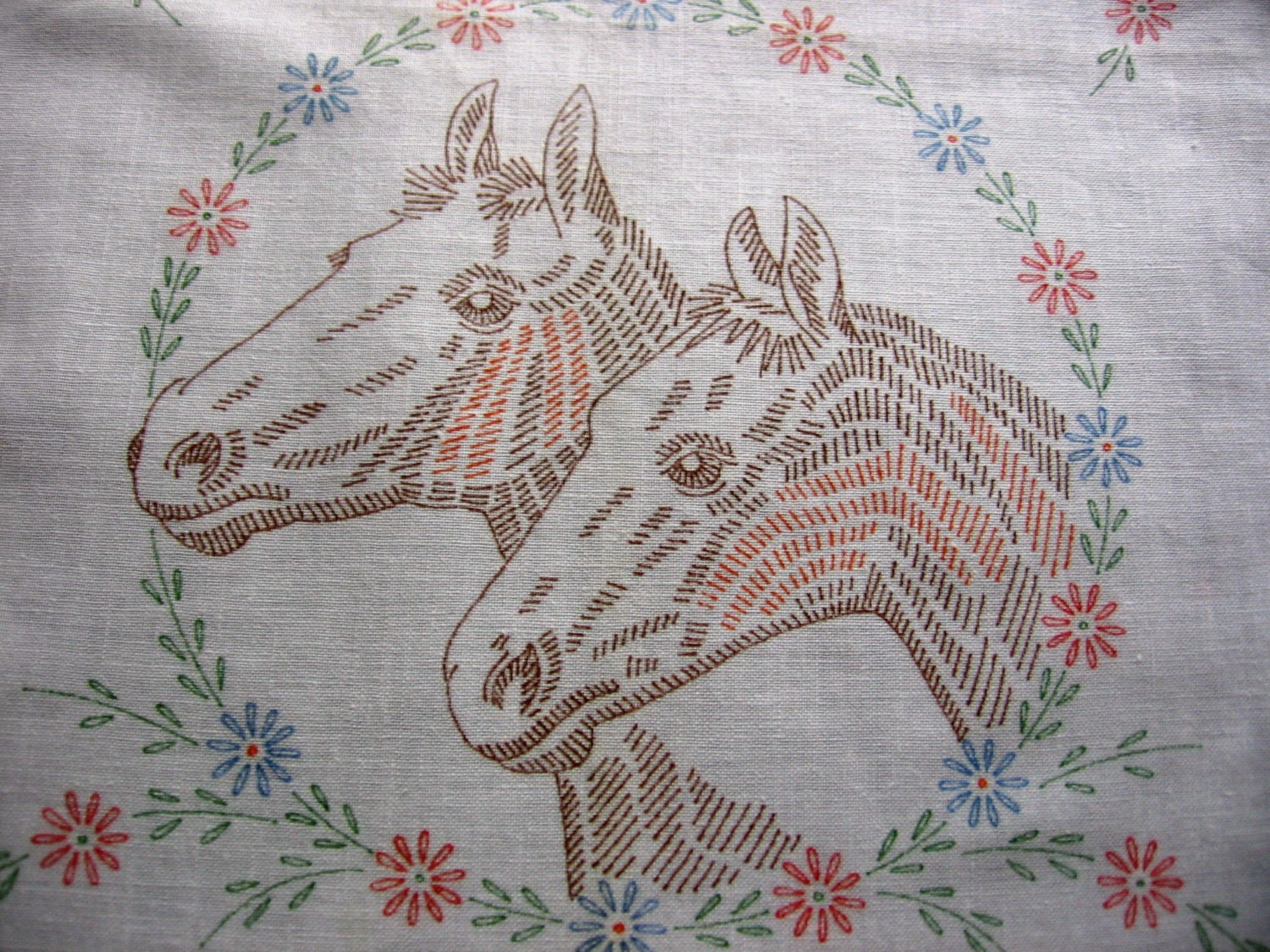 Horses Stamped Fabric for Hand Embroidery Vintage 1950s White