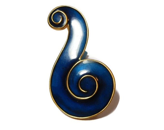 Anne Klein brooch, blue enamel swirl design with gold trim, swirl, mod