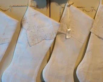 White or cream linen Christmas stockings, vintage handkerchiefs, Personalized