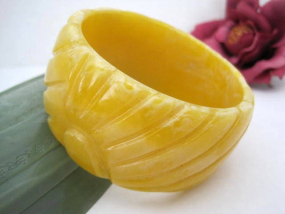 Yellow Bangle Wide Carved Lucite Bracelet