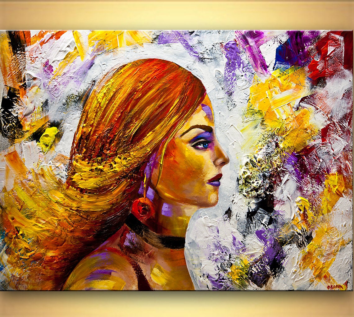 colorful original woman portrait painting heavy texture ready