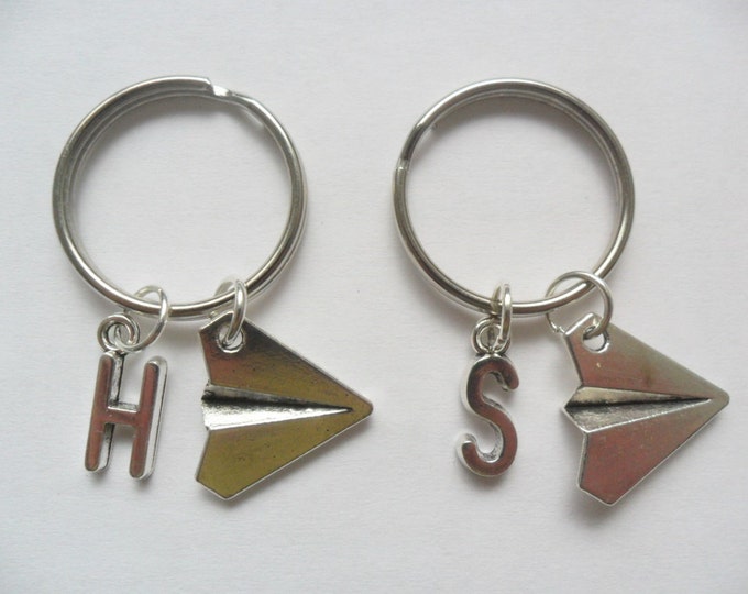 Best Friend Keychains 2 silver paper airplane initial keychains/ best friend keychains, (pick your own letters)