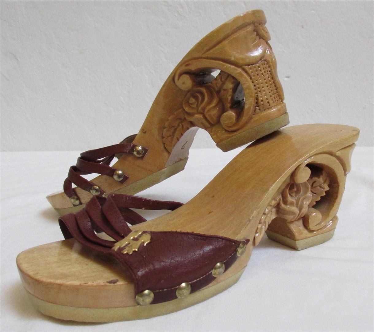 1970's Wood Sandals With Carved Heel With by MTvintageclothing