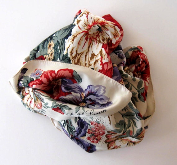 Ralph Lauren vintage Silk Scarf Floral Jewel Tones Beige