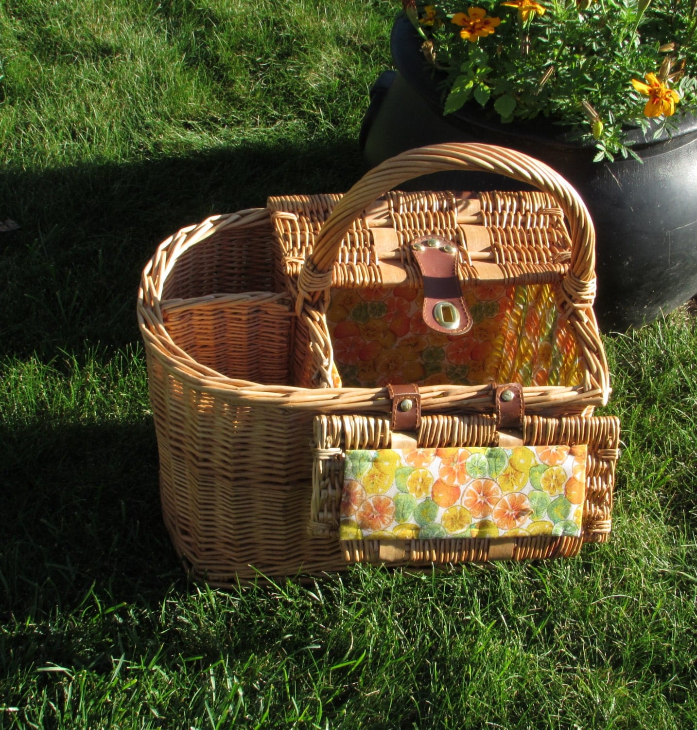 Wicker Picnic Basket Wine Bottle Carrier Caddy Tote – Colorful Citrus ...