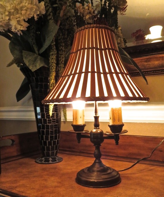 Vintage Double Bulb Desk Lamp with Bamboo/Rattan Shade