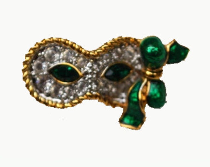 Swarovski Mask Pin rhinestone and green enamel