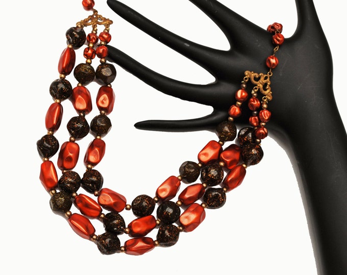 Bead necklace - Multi strand - Cranberry Red Orange - glitter brown lucite beads