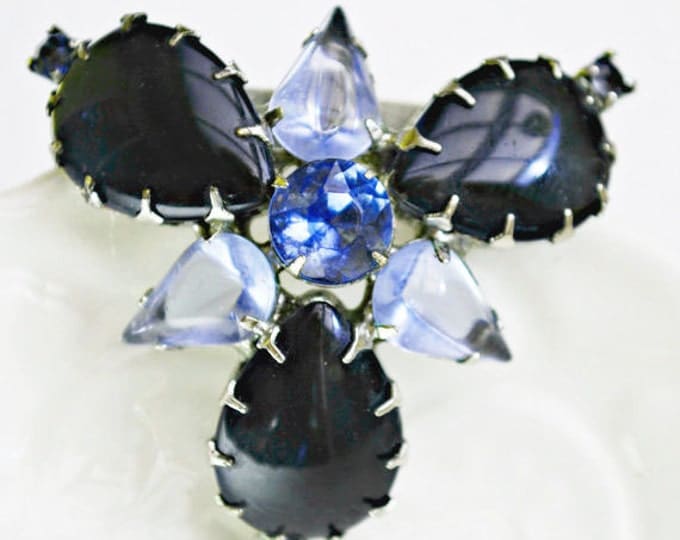 Blue Glass Cabochon Brooch Rhinestone mid century pin