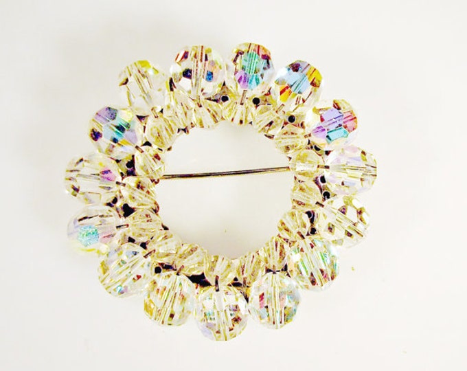 Crystal Bead Brooch Aurora Borealis glass Wreath pin