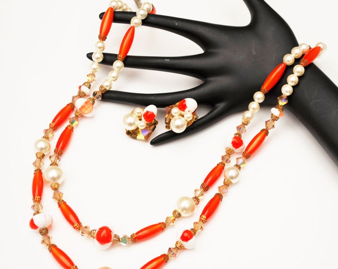 orange white bead necklace earring set Lucite crystal pearls