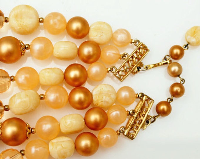 Coro Bead necklace - Peach Cream and Gold lucite - Triple multi strand necklace - Mid century