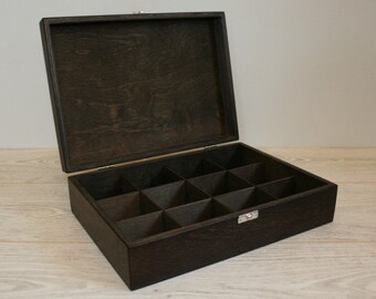 12 Compartments Wooden Tea Box / Dark Brown Box / Storage Box / Jewelry Box / Keepsake Box / Personalized Box Option / Favour Box