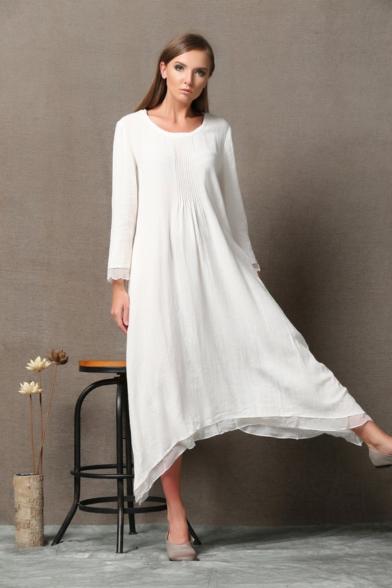 White Linen Dress with Handkerchief Hem Loose-Fitting Floaty