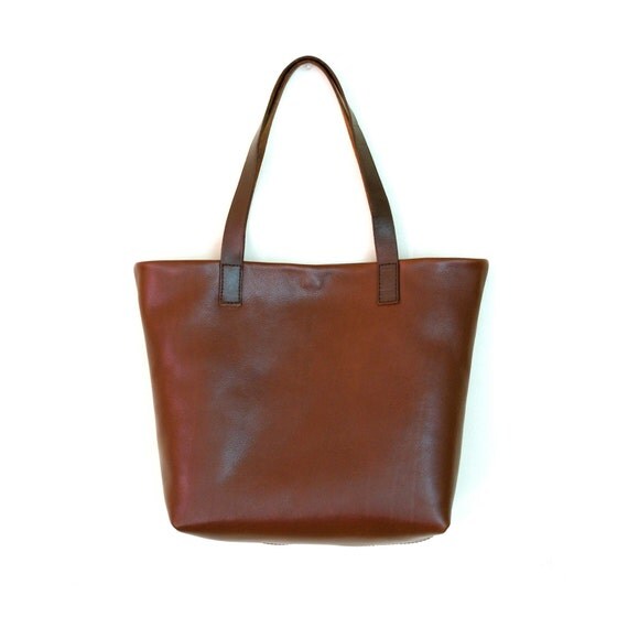 Items similar to Hand Made Leather Tote Bag Brown, Simple, Minimal on Etsy