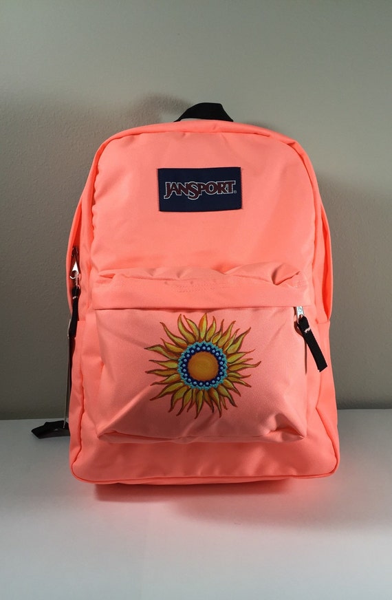 JanSport SuperBreak Backpack in Coral with Hand Painted Sun