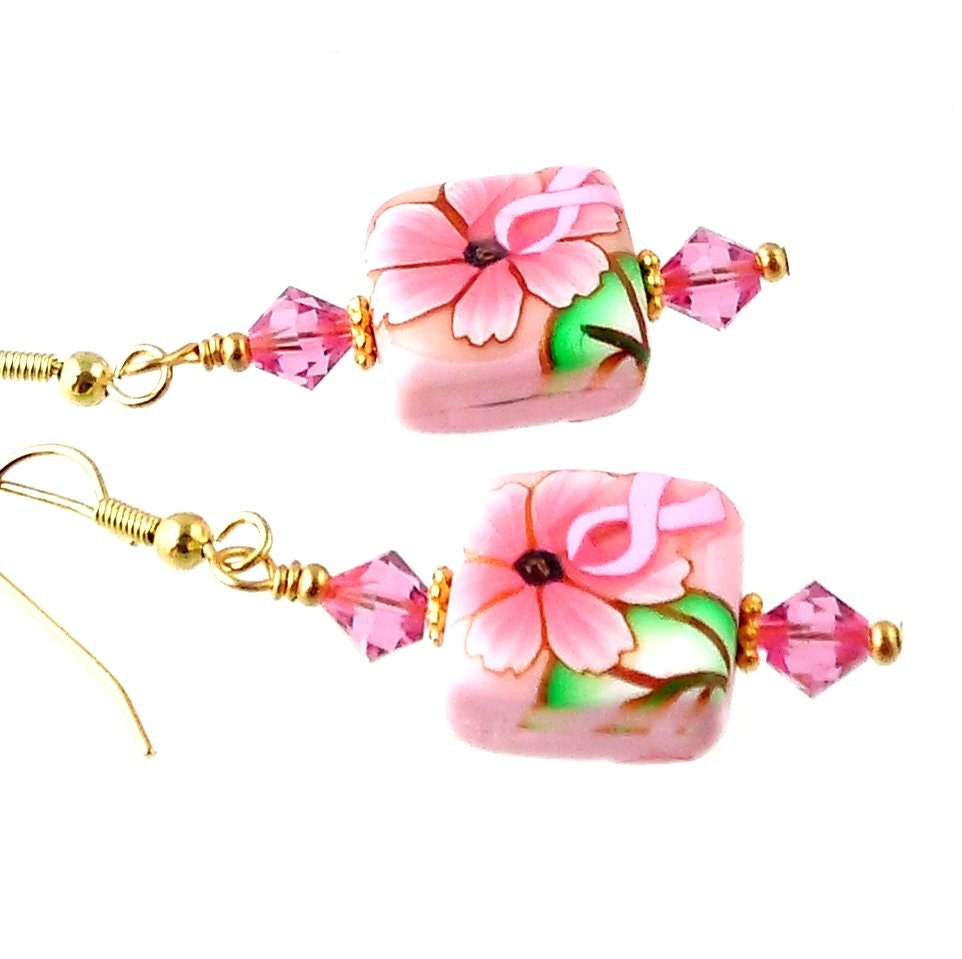 Pink Ribbon Floral Beaded Earrings Beadwork Earrings by ramonahall