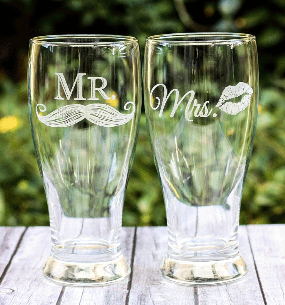 Mr and Mrs Beer Glasses Set of Etched Pilsners Christmas