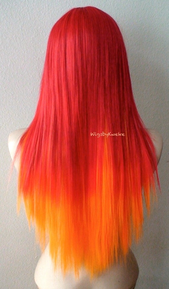 Red / Orange hair Ombre wig. Long straight hair Long bangs