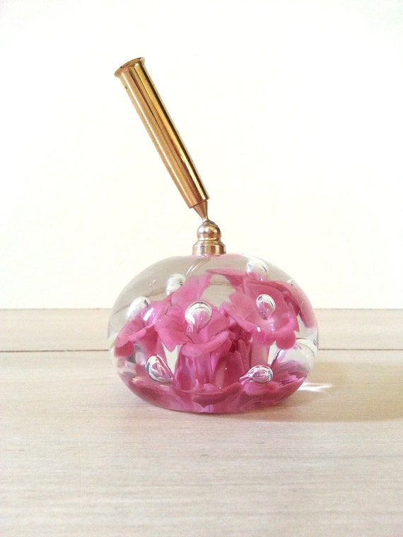 GLASS PAPERWEIGHT Pen Holder Vintage St. Clair Pink Flower