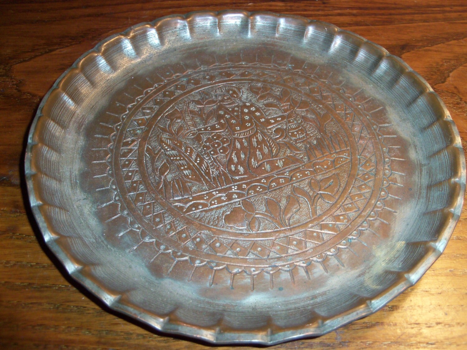 Vintage Round Etched Brass Tray India Very Old