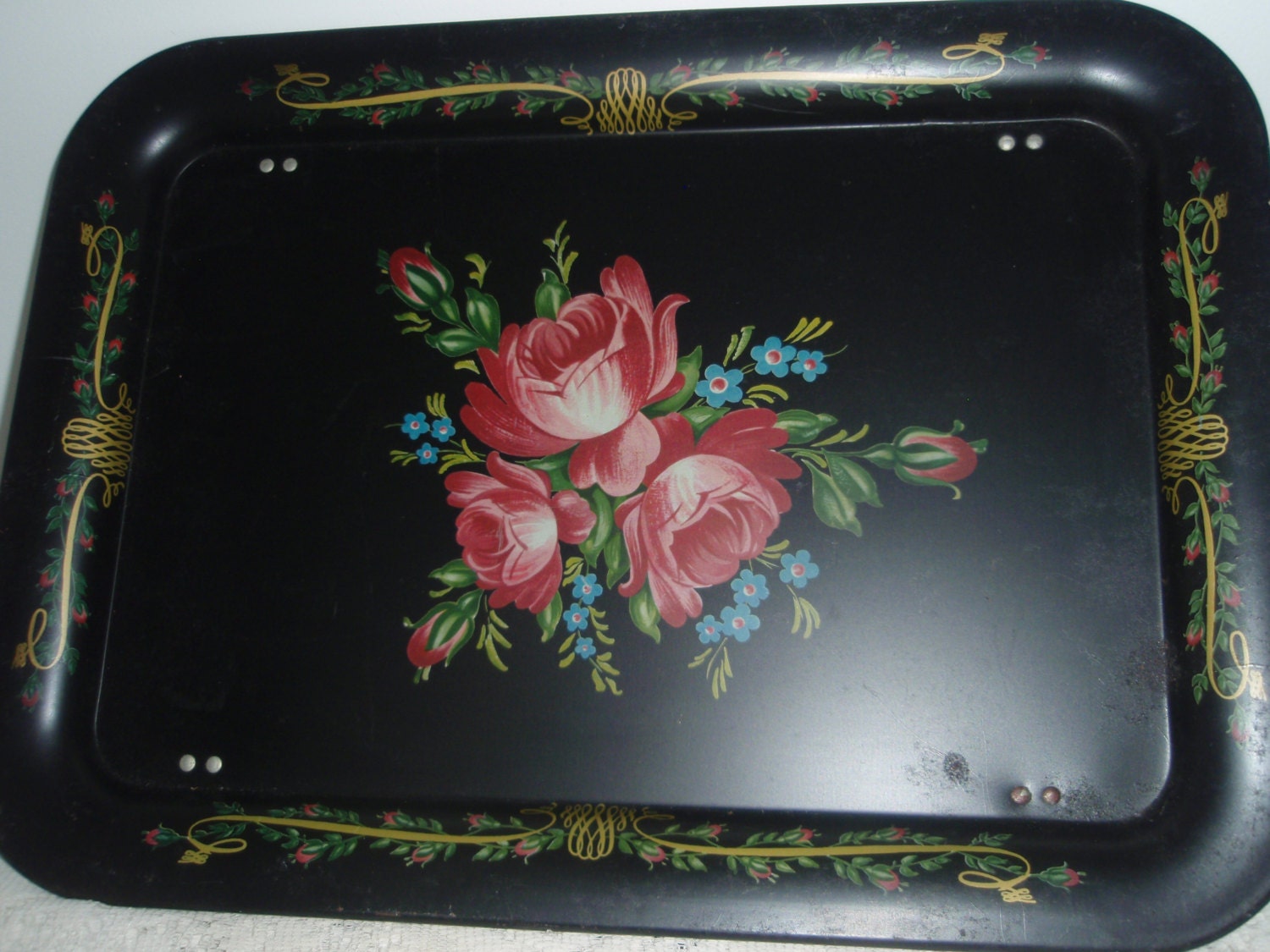 Metal Folding Lap Tray. Black with Roses and Gold trim serving tray,Mid