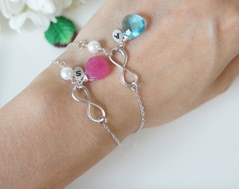 Infinity Bracelet with Pearls. Fushia Jade. Initial. Birthstone. Bridesmaid Gift. Everyday Bracelet. Girlfriend Gift. Birthday Gift.