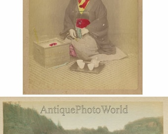 Japan woman drinking tea and rice farming 2 antique hand tinted albumen photos