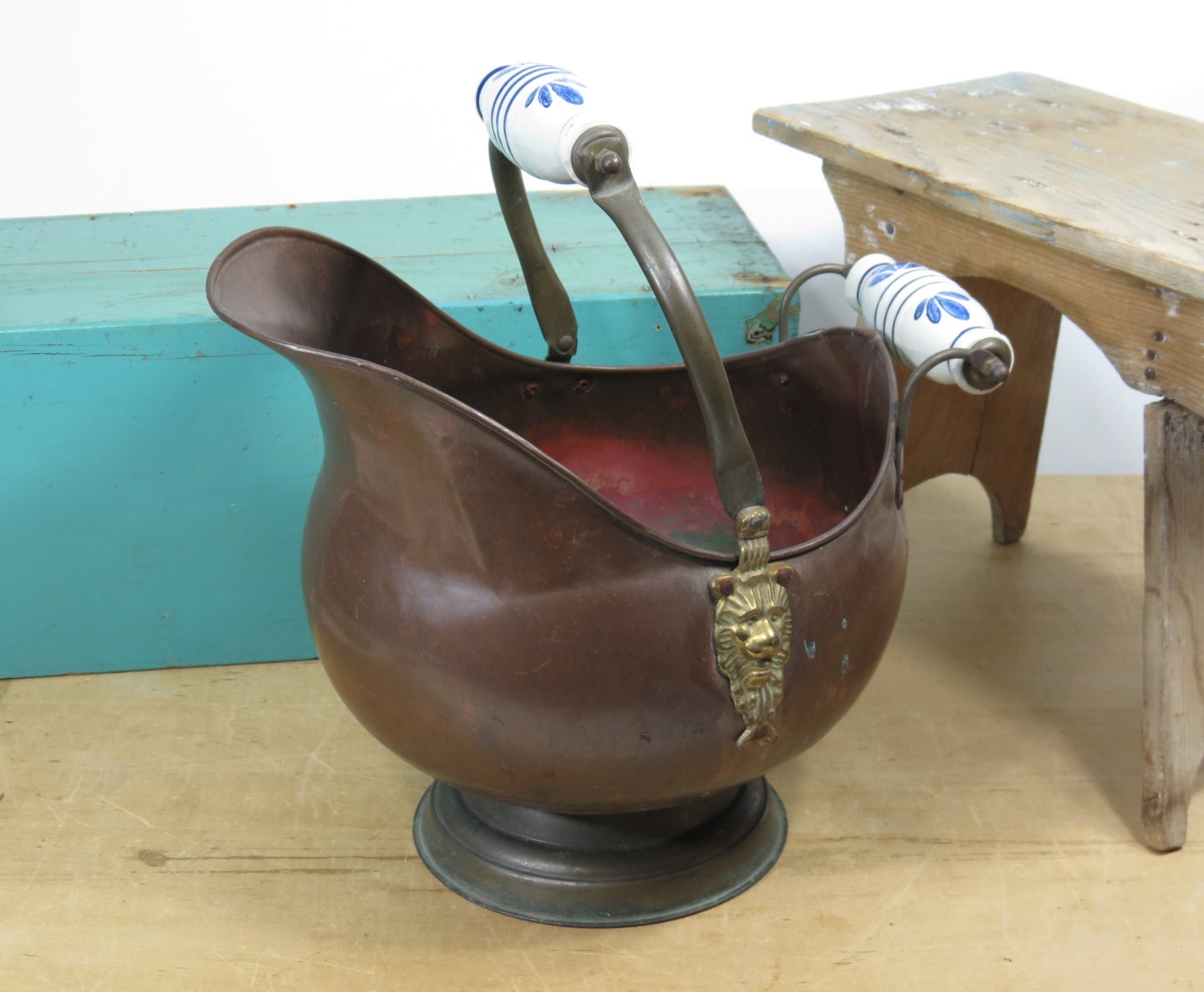 Large Copper & Brass Coal Scuttle with Ceramic Delft Handles